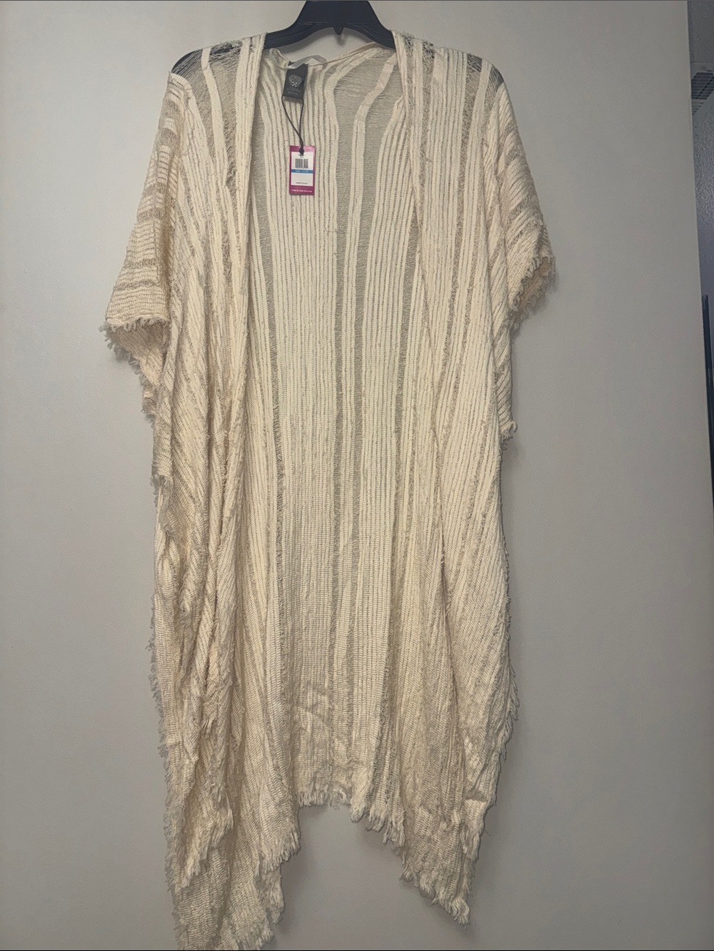 Vince Camuto Boho Cream Open-Front Fringe Knit Duster
